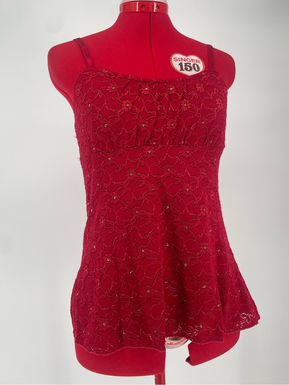 90s Y2K Red A. Byer Lacey Tank Top Cami Floral Pattern W Metallic Details - Picture 2 of 8